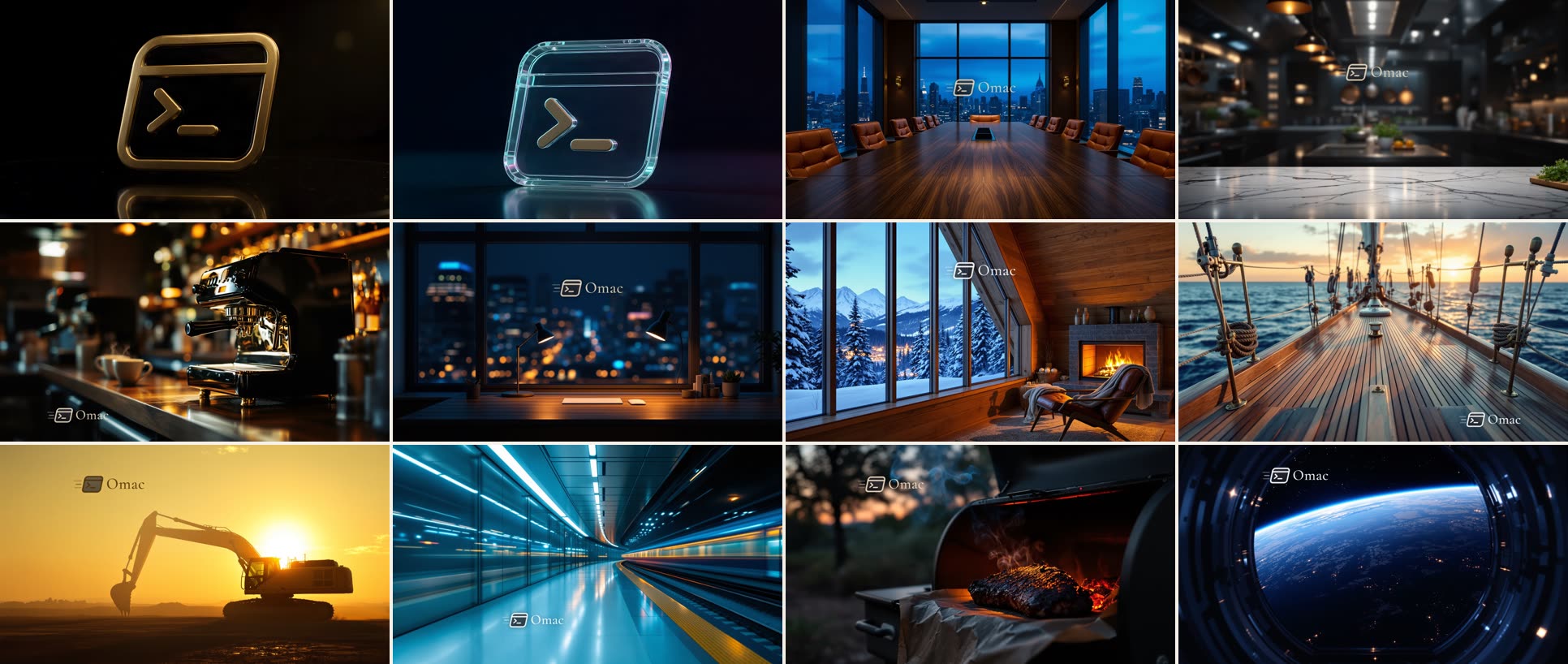 Twelve of the Omac Collection themes: Obsidian 3D, Liquid Glass 3D, Boardroom, Chef's Kitchen, Espresso Bar, Midnight Studio, Alpine Cabin, Ocean Deck, Excavator at Dawn, Night Train, Smokehouse and Orbit